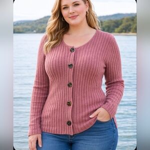 Coldwater Creek Womens Cardigan Sweater Purple Ribbed Button Down Cotton Size L